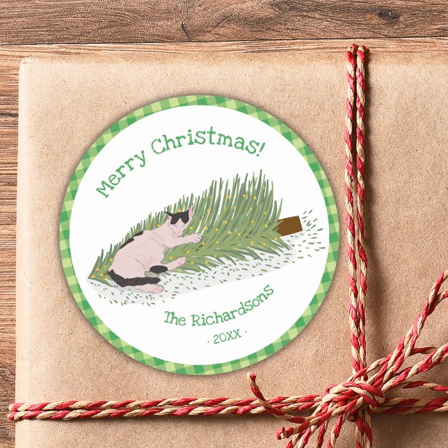 Merry Christmas Cat vs Tree Green Gingham Classic Round Sticker (Creator Uploaded)