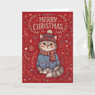 Merry Christmas Cat Wearing Sweater and Hat Holiday Card