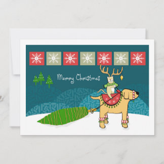 Merry Christmas Cat with Antlers Riding Dog Holiday Card