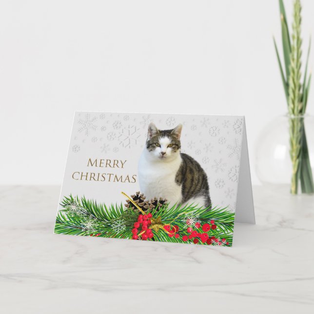 Merry Christmas Cat with Greenery Holiday  Card (Front)
