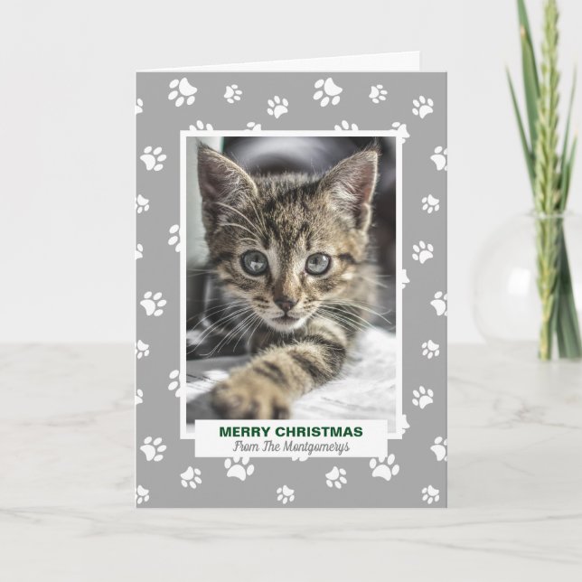 Merry Christmas Cat with Paw Prints Pet Photo Holiday Card (Front)