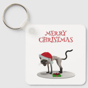 Merry Christmas. Cat with Santa hat Key Ring