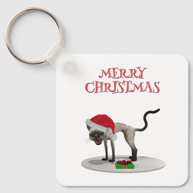 Merry Christmas. Cat with Santa hat Key Ring (Front)