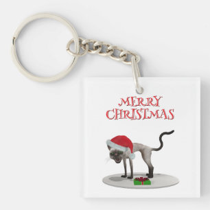 Merry Christmas. Cat with Santa hat Key Ring
