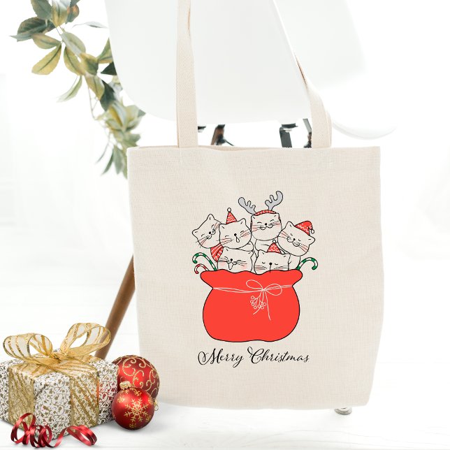 Merry Christmas Cats In Santa Sack | Holidays Tote Bag (Creator Uploaded)