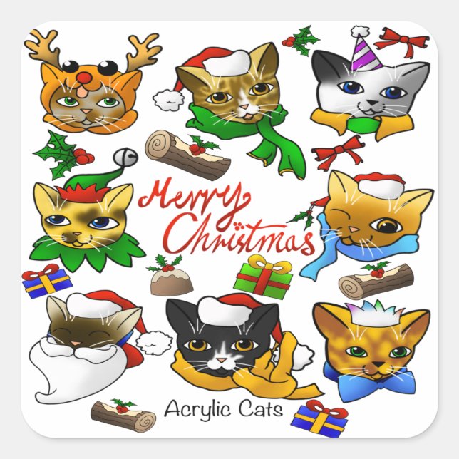 Merry Christmas Cats Square Sticker (Front)
