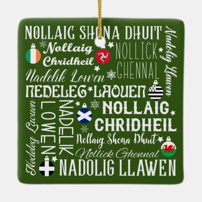 Merry Christmas Celtic Languages, Gaelic, Welsh Ceramic Ornament (Back)
