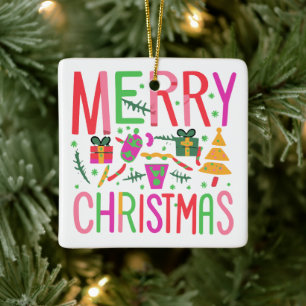 Merry Christmas Ceramic Porcelain Square Ornament