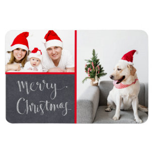 Merry Christmas Chalk Design Double Photo Holiday  Magnet