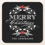 Merry Christmas Chalkboard Holly Wreath Typography Square Paper Coaster<br><div class="desc">Elegant Merry Christmas holiday square cocktail coasters. Frosty white holly wreath with red poinsettia and retro letterpress style decorative typography. Add your name or custom text to create a unique personalised keepsake memento to set out on your holiday party table. Perfect for festive entertaining.. Can also be used to create...</div>