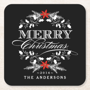 Merry Christmas Chalkboard Holly Wreath Typography Square Paper Coaster
