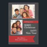 Merry Christmas Chalkboard Photo Christmas card<br><div class="desc">This customizable two photo frames Christmas card features a gray chalkboard background with the wording: Merry Christmas and Happy New Year written in white chalk. A red banner at the bottom of the card features customizable type for you to add your family names. The backside of this card has a...</div>