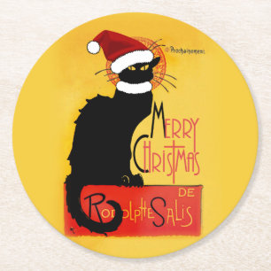 Merry Christmas - Chat Noir Round Paper Coaster