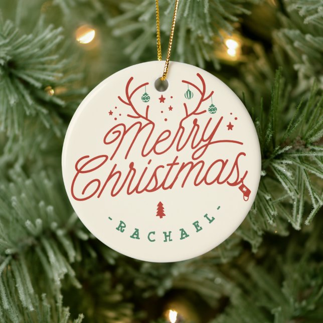 Merry Christmas Check Plaid Personalised Reindeer Ceramic Tree Decoration (Tree)