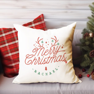 Merry Christmas Check Plaid Personalised Reindeer Cushion