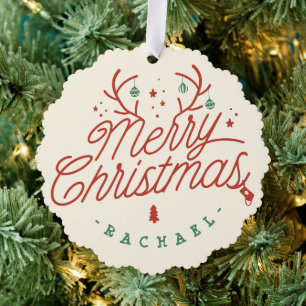 Merry Christmas Check Plaid Personalised Reindeer Tree Decoration Card