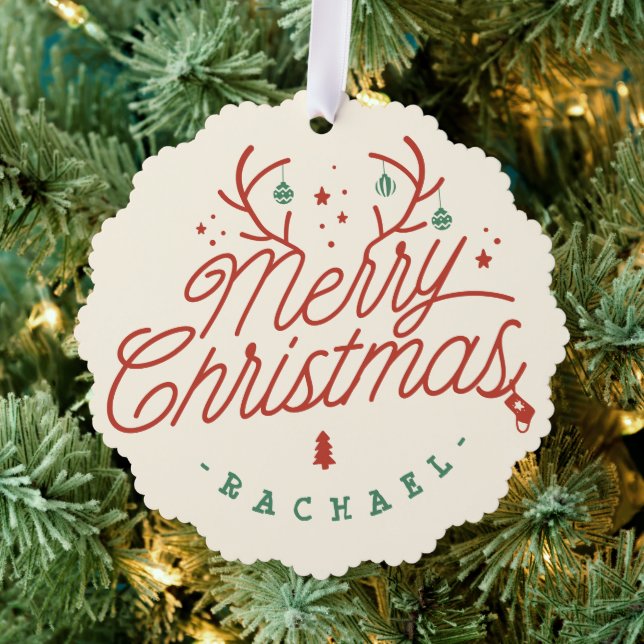 Merry Christmas Check Plaid Personalised Reindeer Tree Decoration Card (Insitu (Tree))