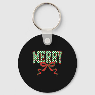 Merry Christmas Checkered Preppy Coquette Bow Xmas Key Ring