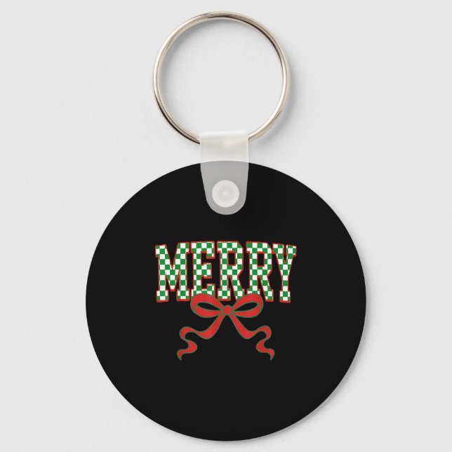 Merry Christmas Checkered Preppy Coquette Bow Xmas Key Ring (Front)