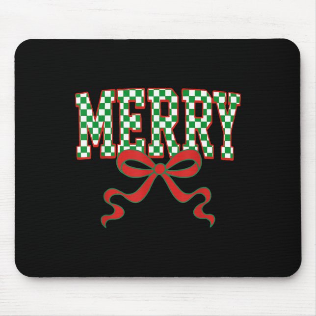 Merry Christmas Checkered Preppy Coquette Bow Xmas Mouse Mat (Front)