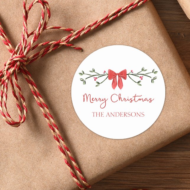 Merry Christmas Chic Coquette Red Bow Personalised Classic Round Sticker (Add a personalized touch to your holiday gifts with these festive stickers featuring a classic bow.)