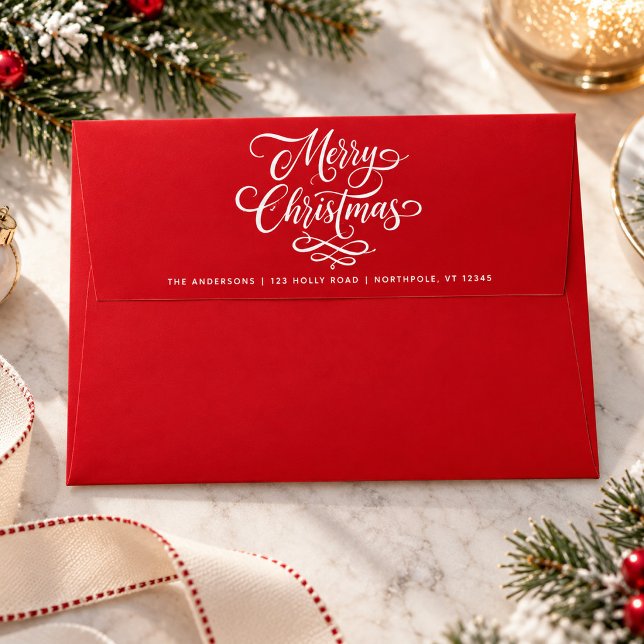 Merry Christmas Chic Script 5x7 Return Address Red Envelope (Creator Uploaded)