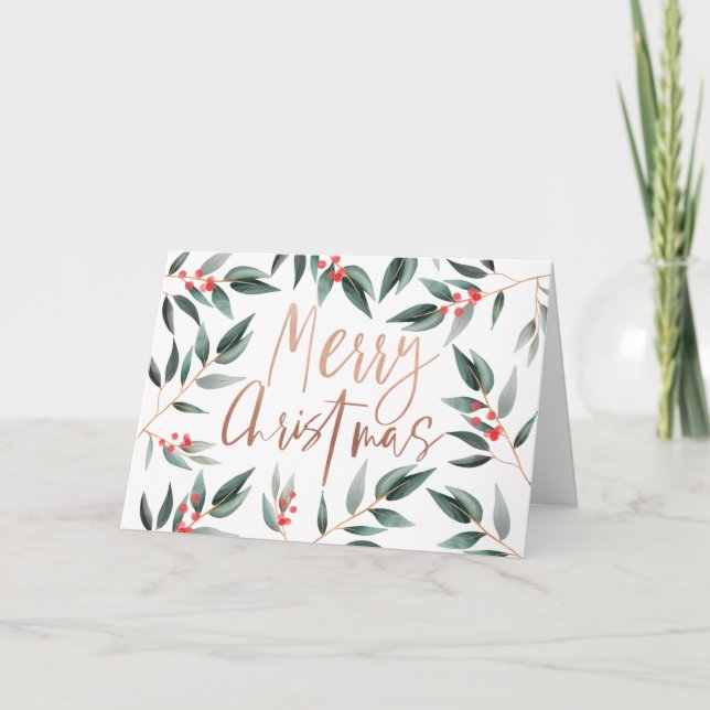 Merry Christmas | Chic Winter Sage Foliage & Berry Holiday Card (Front)