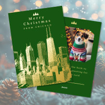 Merry Christmas Chicago Green Foil Photo Card