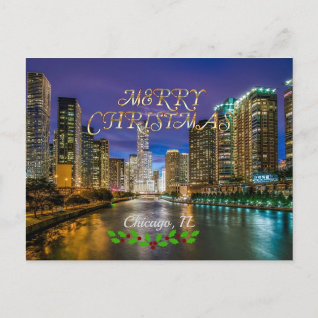 Merry Christmas, Chicago River at Sunset Postcard (Front)