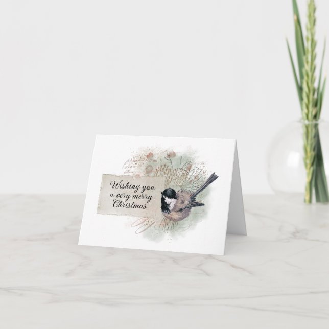 Merry Christmas Chickadee Bird Pinecone Nature  Holiday Card (Front)