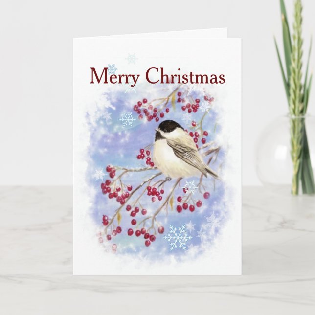 Merry Christmas Chickadee Winter Bird Scripture Holiday Card (Front)
