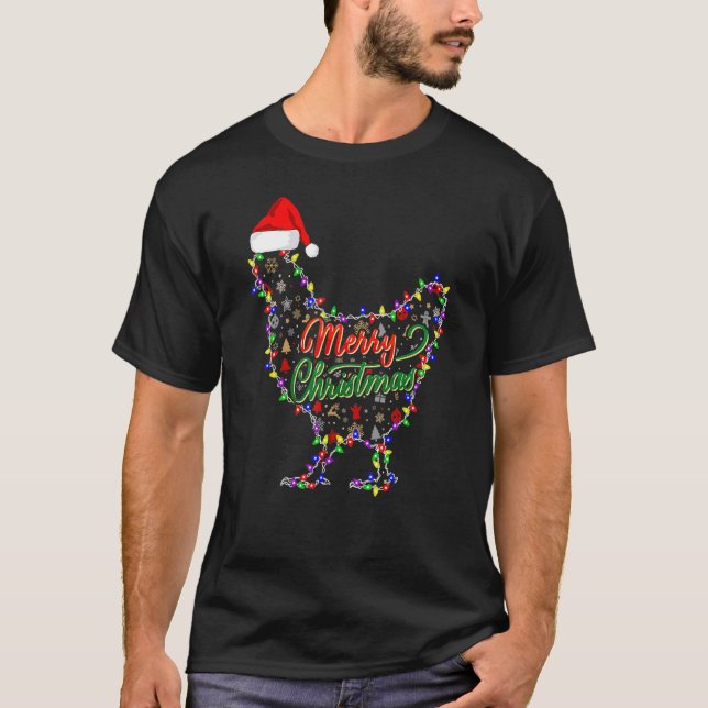 Merry Christmas Chicken Chicken Santa Hat Lights X T-Shirt (Front)