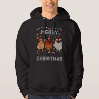 Merry Christmas Chicken Santa Hat Lights Xmas Farm Hoodie