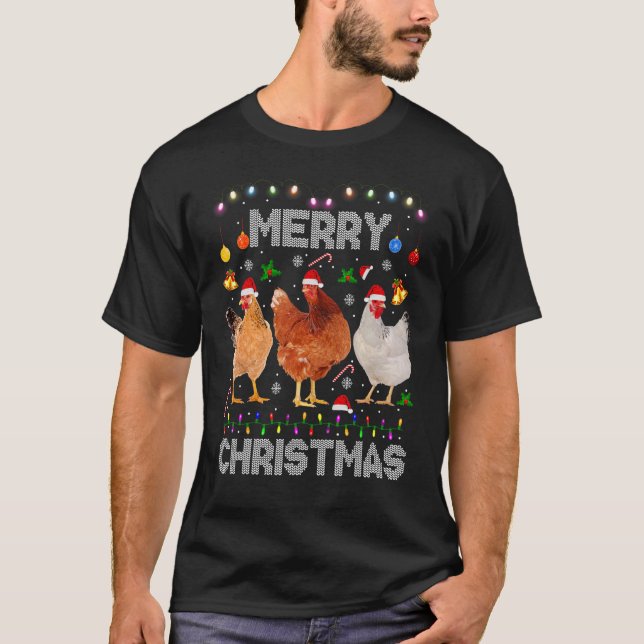 Merry Christmas Chicken Santa Hat Lights Xmas Farm T-Shirt (Front)