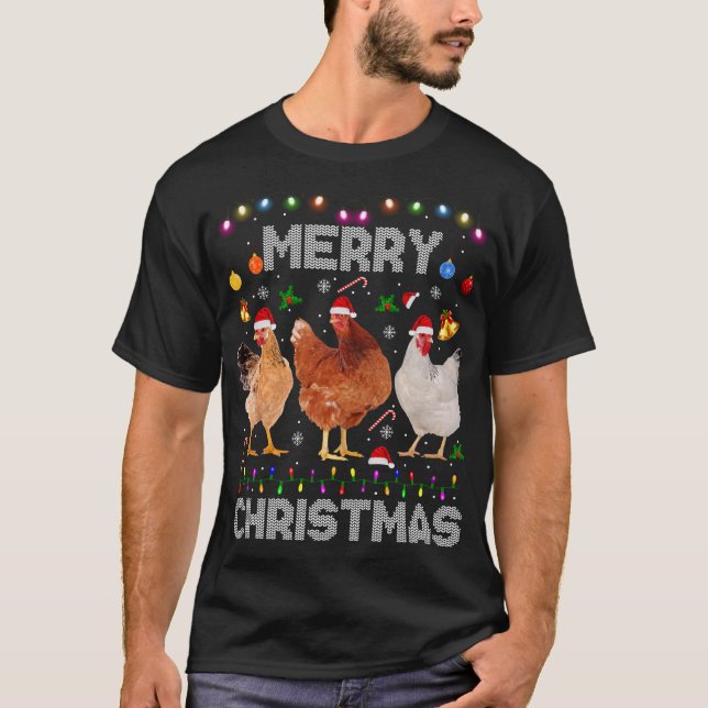 Merry Christmas Chicken Santa Hat Lights Xmas Farm T-Shirt (Front)