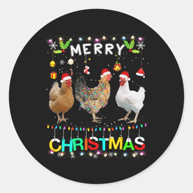 Merry Christmas Chicken Santa Hat Lights Xmas Fun  Classic Round Sticker (Front)