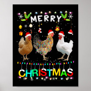 Merry Christmas Chicken Santa Hat Lights Xmas Fun  Poster