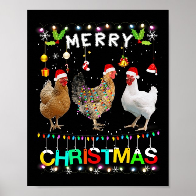 Merry Christmas Chicken Santa Hat Lights Xmas Fun  Poster (Front)
