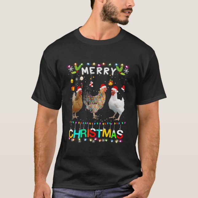 Merry Christmas Chicken Shirt Santa Hat Lights Xma (Front)