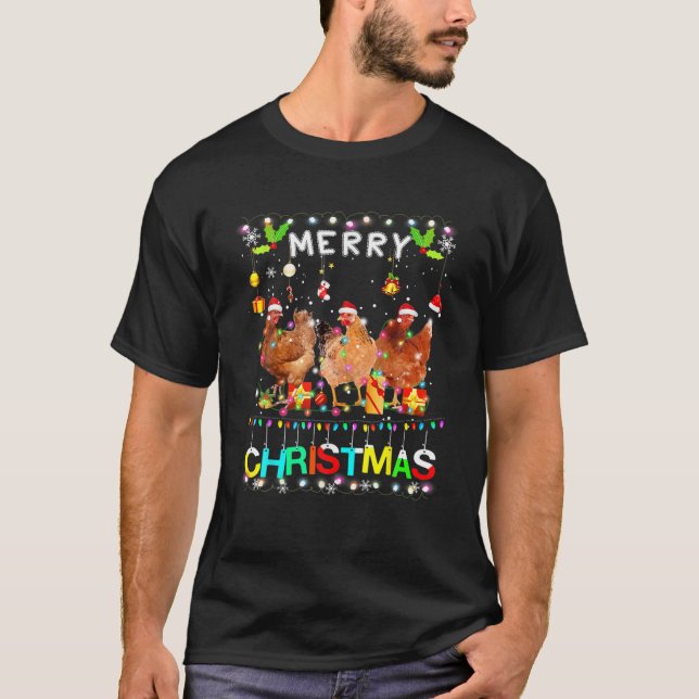 Merry Christmas Chicken Shirt Santa Hat Lights Xma (Front)