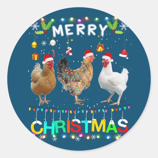 Merry Christmas Chicken Shirt Santa Hat Lights Xma Classic Round Sticker (Front)