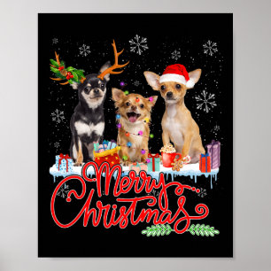 Merry Christmas Chihuahua Dogs Santa Reindeer Ligh Poster