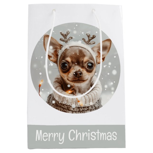 Merry Christmas Chihuahua Reindeer Dog Medium Gift Bag (Front)