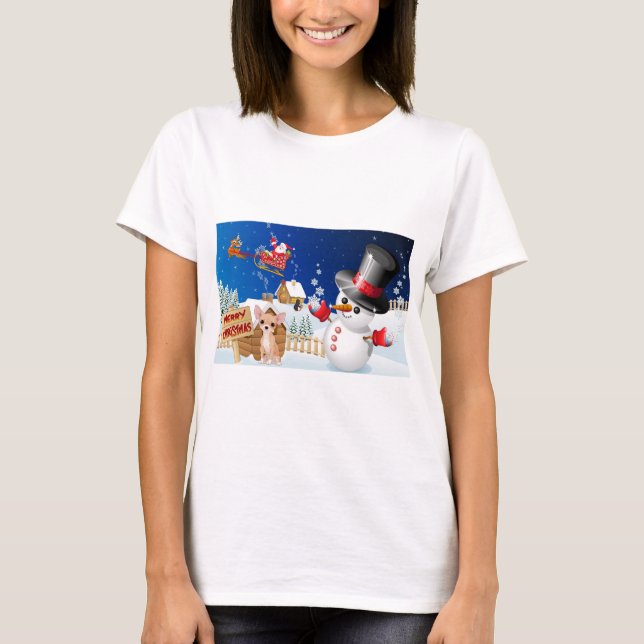 Merry Christmas Chihuahua With Frosty T-Shirt (Front)