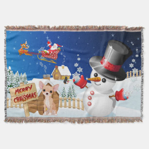 Merry Christmas Chihuahua With Frosty Throw Blanket
