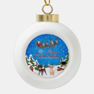 Merry Christmas Chihuahua With Santa Ceramic Ball Christmas Ornament