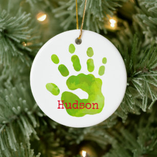 Merry Christmas Child Handprint Green NAME Red Fun Ceramic Tree Decoration