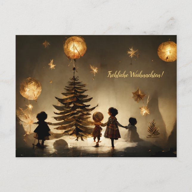 Merry Christmas. Children dance around trees Postcard (Front)