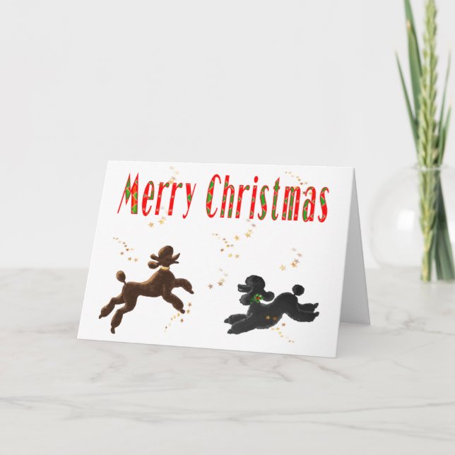 Merry Christmas Chocolate & Black Poodles Playing Holiday Card (Front)