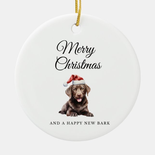 Merry Christmas Chocolate Lab ceramic ornament (Front)